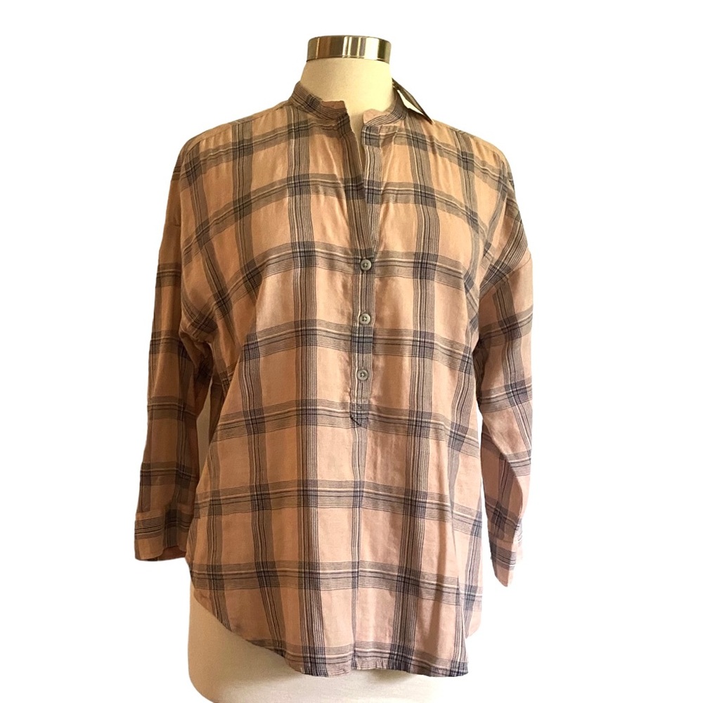Lucky Brand NWT Top MED Light Cotton Neutral Plaid Straight Collar 1/4 Buttons